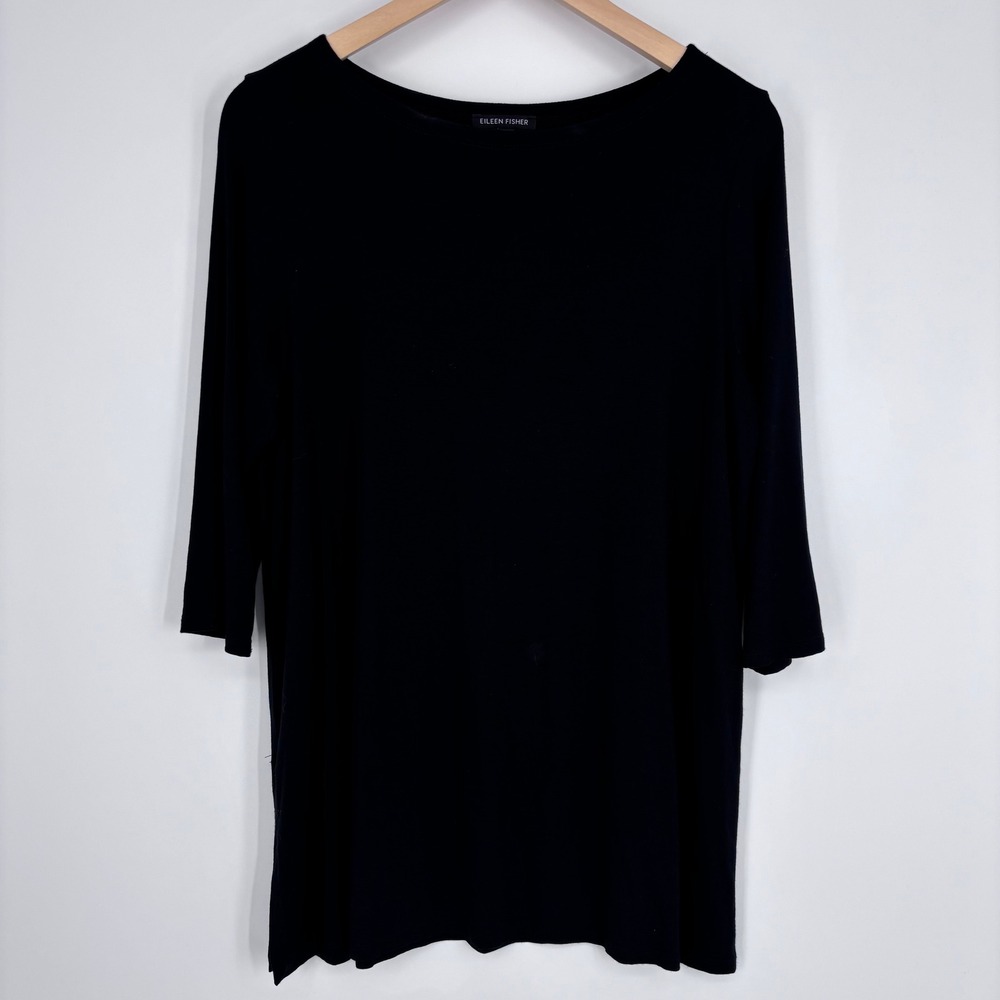 Eileen Fisher Tunic Top Womens Large Black 3/4 Sleeve Viscose Jersey Minimalist